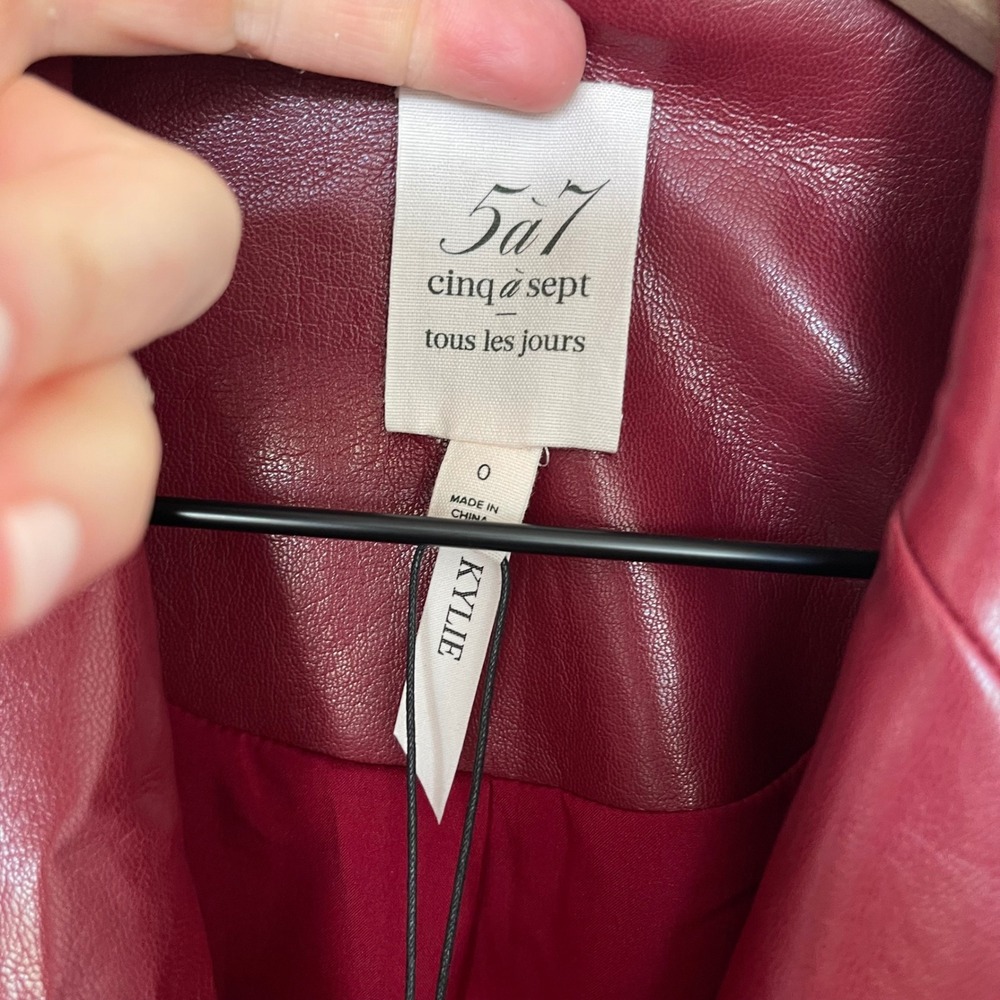 NWT Cinq a Sept Kylie Vegan Leather Jacket Sz 0 Rhubarb Red Ruched Sleeve Blazer - Picture 11 of 16